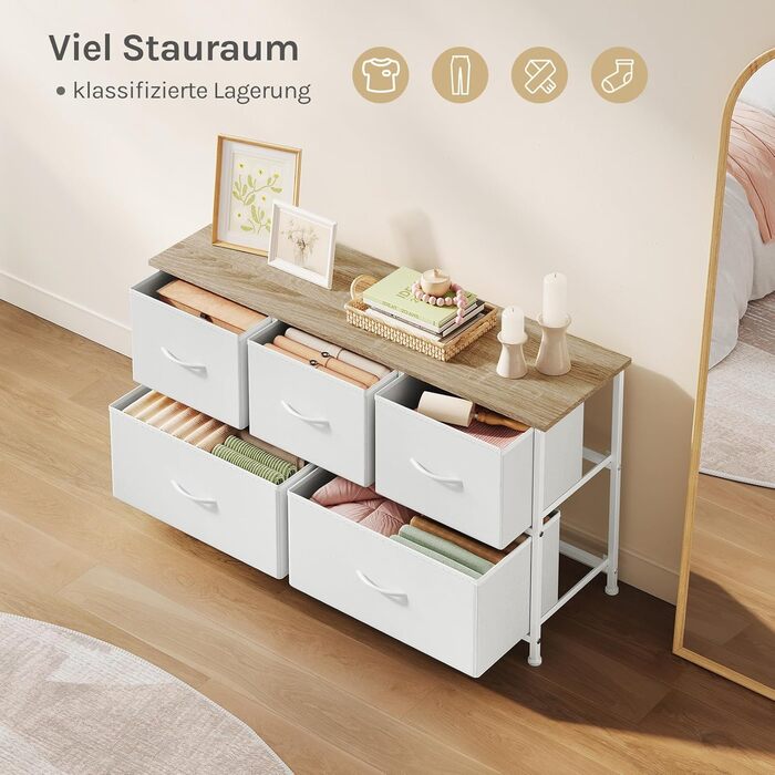 Комод WOLTU з 5 висувними ящиками з тканини, шафа-комод, тумба під TV, для вітальні, спальні, передпокою, з металевим каркасом та ДСП, білий, SSK005ws, білий, 5 тканинних ящиків