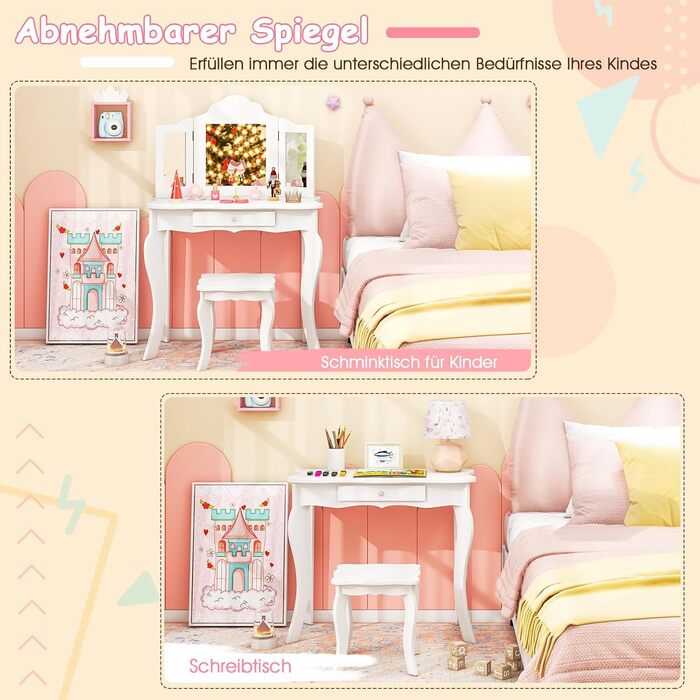 Детский туалетный столик COSTWAY 2-в-1 с LED-подсветкой, зеркалом и ящиками, для девочек (белый)