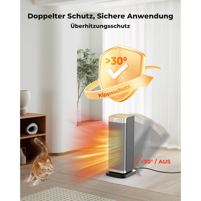 Електричний обігрівач 2000W з енергозбереженням, тихий, 3 режими, PTC кераміка, швидкий нагрів, ECO-режим, пульт ДУ, таймер 12H, поворот 70°, для офісу, спальні, ванної кімнати, золотий