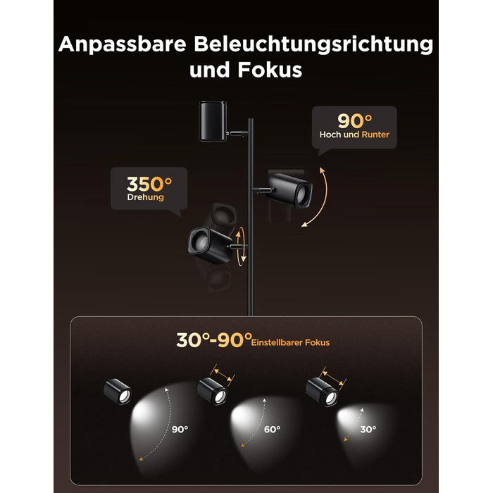 Світлодіодна підлогова лампа Govee 3-Flammen RGBWW, Matter, 1500lm, сумісна з Alexa, 64+ сцени, синхронізація з музикою, 157см, чорна для вітальні, спальні, кабінету