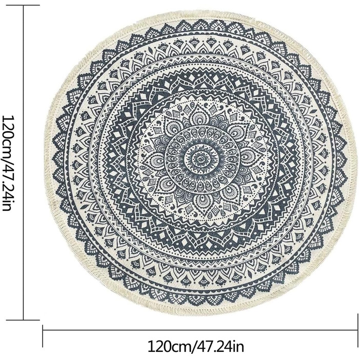 Круглий килим-мандала, бавовна, нековзний, візерунок бохо, 90 см, для спальні, передпокою, вітальні