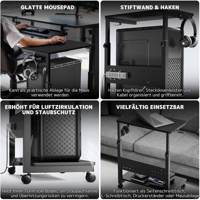 Підставка для ПК з регулюванням висоти PUTORSEN, 2 рівні, з роликами та підкладкою для миші, чорний Full-Tower (до 40 кг/рівень)