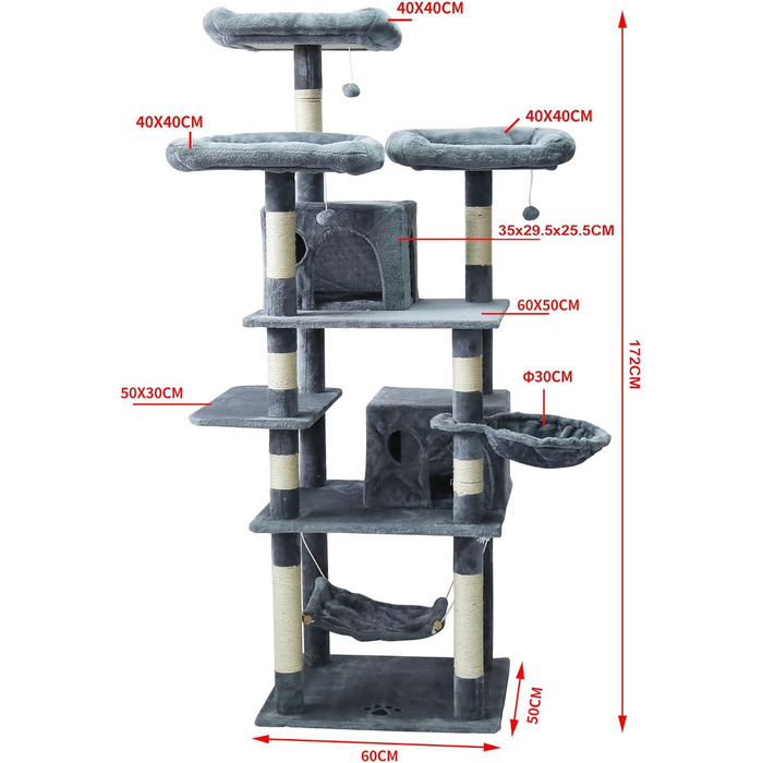 Кігтеточка  172 см, Платформи, Будиночки для кішок, Гамак, Лазіння по дереву