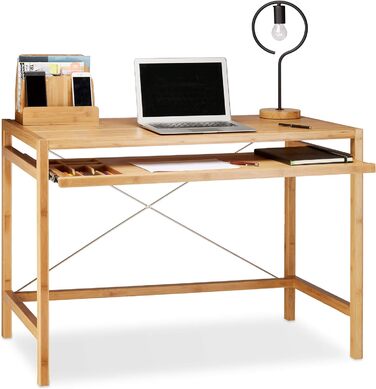 Комп'ютерний стіл Relaxdays дерево, висувна клавіатура, розсувний офісний стіл, суцільний стіл, ВхШхГ 76,5x106,5x55,5 см, натуральний одномісний