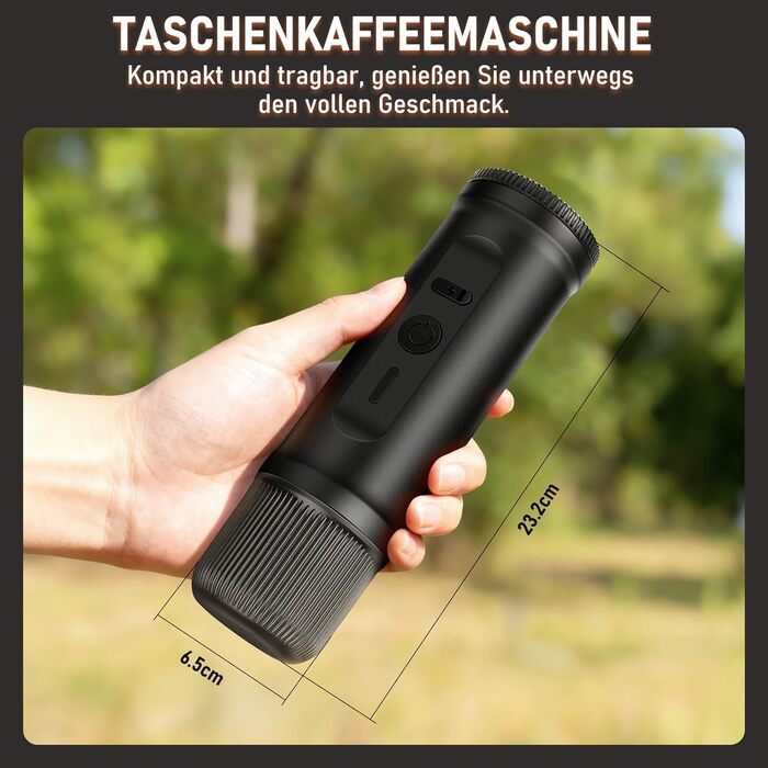 Портативна кавомашина ICARE з акумулятором, 2-в-1 для капсул NS та меленої кави, самонагріваюча, USB-C, індикатор заряду, для кемпінгу, подорожей та в дорогу (Чорний)