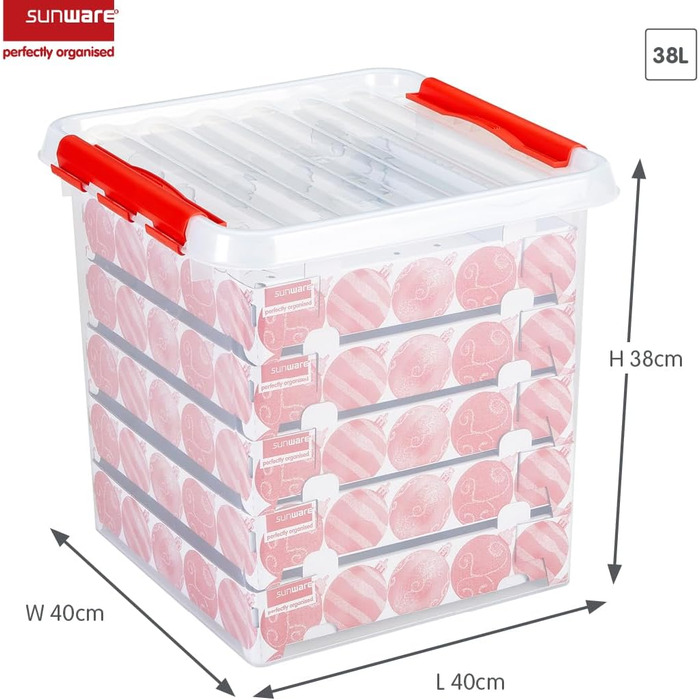 Короб для прикрас Sunware Q-Line, 38 л, прозорий, червоний, для 125 кульок