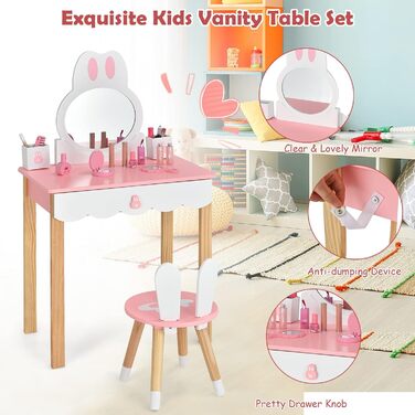 Дитячий туалетний столик LIFEZEAL 2 в 1 з дзеркалом та табуретом, рожевий, з шухлядами