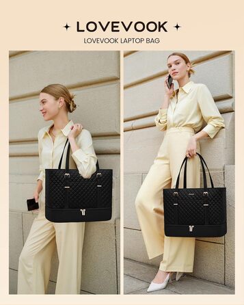Сумка для ноутбука LOVEVOOK 15.6 дюймів для жінок з відділенням для ланчу, сумка-шопер, ділова сумка, портфель, сумка для навчання, містка, водонепроникна, чорна