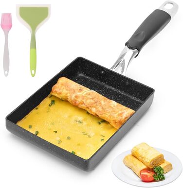 Сковорода з антипригарним покриттям Tutamaz Tamagoyaki 18x13см з силіконовою лопаткою для індукційної/газової плити, чорна