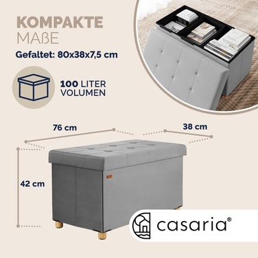 Стілець-лавка сірого кольору з оксамитовою оббивкою, 76x38x42 см, з місцем для зберігання та складний