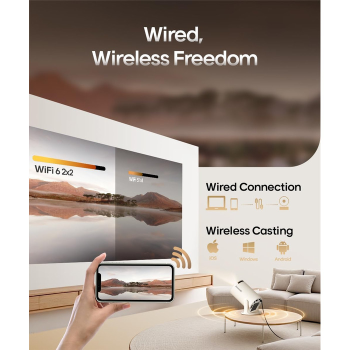 Міні-проектор Alwtniet 4K з Wi-Fi 6, Bluetooth 5.4, 5W динаміком, автоматичною корекцією трапецеїдальних спотворень, поворотним на 180°, портативний для дому та вулиці, Android 11 (ручний фокус)