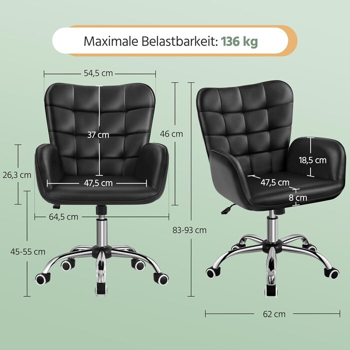 Крісло офісне Yaheetech ергономічне, з регулюванням висоти, з підлокітниками, на коліщатках, до 136 кг, біле (чорне)