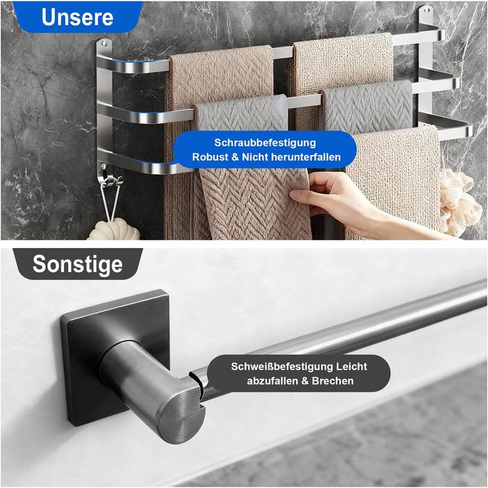 Тримач для рушників 80 см без свердління, срібний, для ванної кімнати та кухні