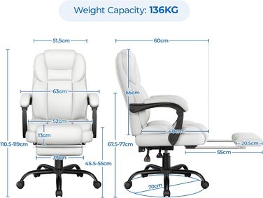 Ергономічне крісло Yaheetech для офісу, для начальника з підставкою для ніг, регульовані підлокітники, комп'ютерне крісло з високою спинкою, біле