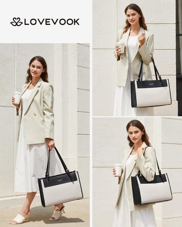 LOVEVOOK Сумка для ноутбука, жіноча велика водонепроникна сумка-шоппер з PU шкіри, для роботи, навчання, 15.6 дюймів (Чорний+бежевий)