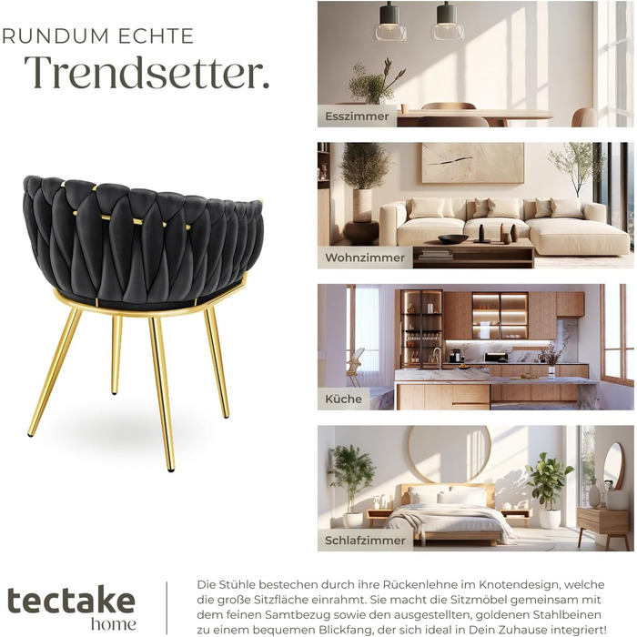 Крісла tectake® з оксамиту, комплект 2 шт., чорний/золотий, для вітальні, їдальні, туалетного столика