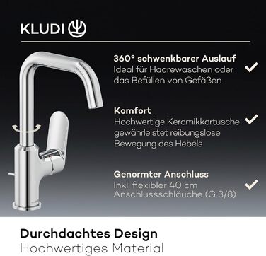 Змішувач для умивальника KLUDI-X1 з витяжною системою, поворотний на 360°, висота виливу 205 мм, водозберігаючий, розмір L, з підключенням, хром, з комплектом для зливу, хром