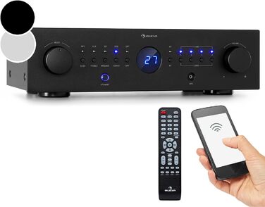 Міні-підсилювач Auna HiFi Stereo, 4 канали, керування низькими та високими частотами, з пультом дистанційного керування та AUX, чорний