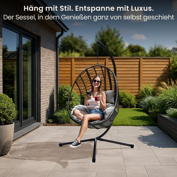 Крісло-гойдалка Swoods XXL з металевим каркасом – для дому та вулиці. Яйцеподібне крісло-гойдалка з подушкою, до 150 кг (темно-сірий, світло-сірий)