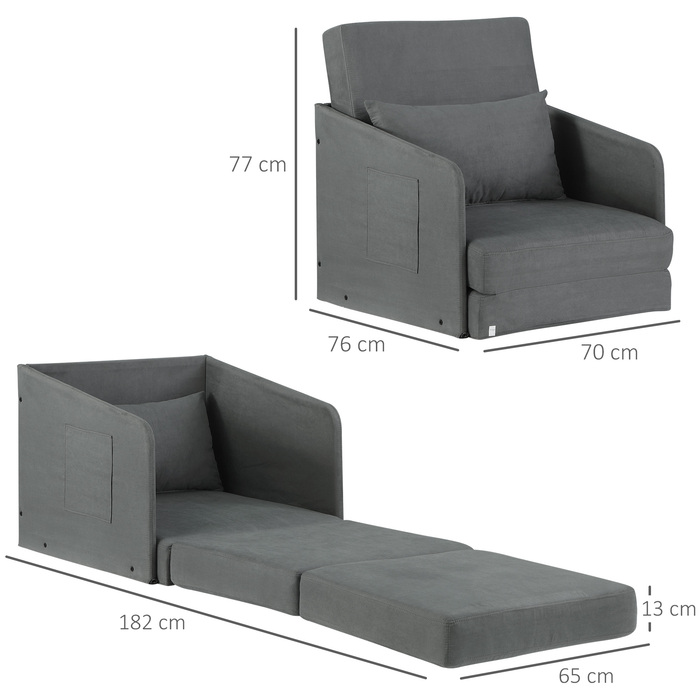 Диван-ліжко HOMCOM 70x76x77см Одномісний диван з чохлом, що миється, і 2 бічними кишенями, подушки, металевий каркас, сірий для вітальні