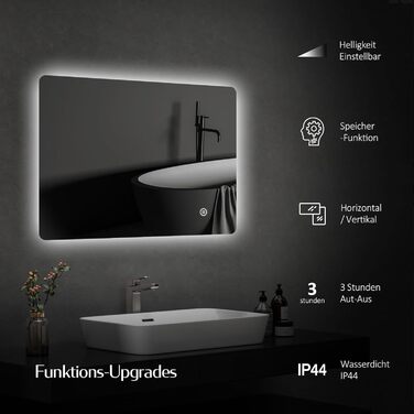 Дзеркало для ванної кімнати EMKE з підсвічуванням 50x70 см, регульована яскравість, LED, сенсорне керування, функція пам'яті, холодний колір, IP44, енергозберігаюче