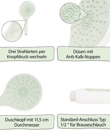 Ручний душ пастельний зелено-білий - Душова лійка з 3 типами розпилення - Зміна розпилення одним натисканням кнопки - Ручки проти вапняного нальоту - Стандартне підключення - Пластик пастельно-зелений / білий