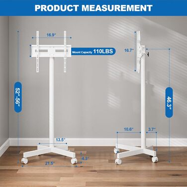 Мобільний телевізійний візок HOLMAXD: регульований стійкий стенд для телевізорів 58-165 см (23-65 дюймів), до 50 кг, з нахиленою підставкою, білий, для саду