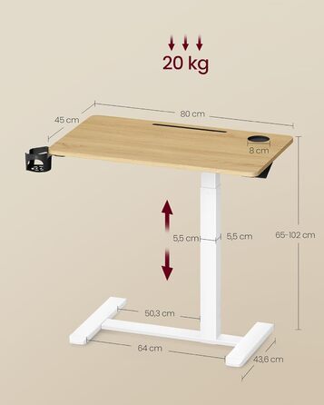 Приставний столик VASAGLE на колесах, мобільний, з великою стільницею, регульована висота, 2 тримачі для напоїв, слот для телефону/планшету, LSD600W01 (80x45 см, горіх золотистий)