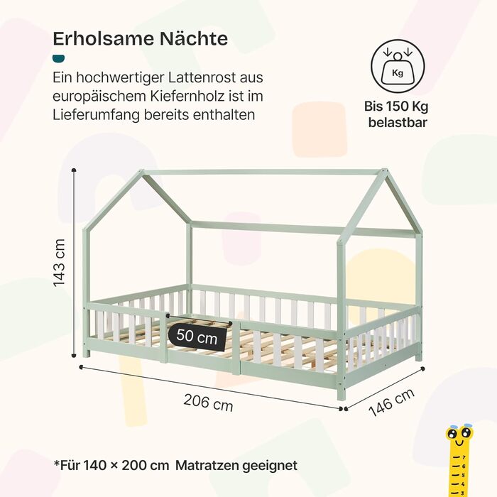 Дитяче ліжко Sisimiut Hausbett Montessori від en.casa з бар'єром безпеки. Дерев'яне ліжко для дітей, ліжко-платформа, сосна, світло-сірий/білий, 140 x 200 см (без матрацу)
