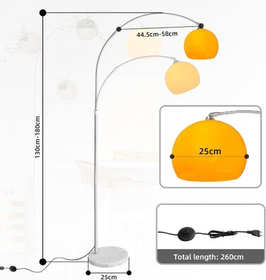 Дуговий світильник CCLIFE LED E27 регулюється по висоті, мармурова основа, білий/помаранчевий, 145-220 см