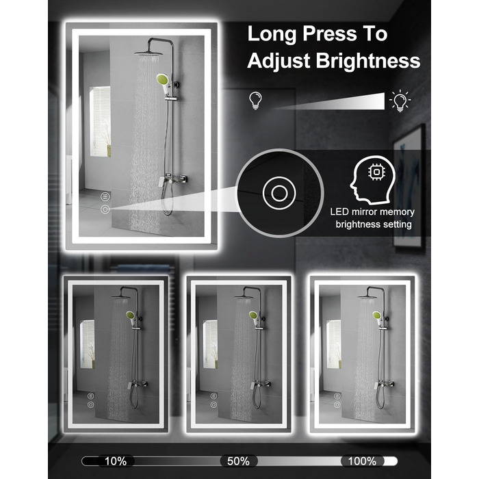 Дзеркало для ванної кімнати Habison з підсвічуванням LED, 50x70 см, сенсорне керування, регулювання яскравості, 3 колірні температури, функція пам'яті, антизапар, без Bluetooth