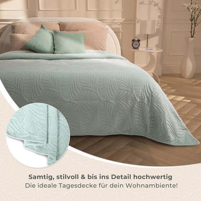 Преміум ковдра-плед Gräfenstayn для ліжка та дивана, 240x260 см, м'ятний колір. Намистове стегання, сатин, м'яка, не мнеться, легка у догляді