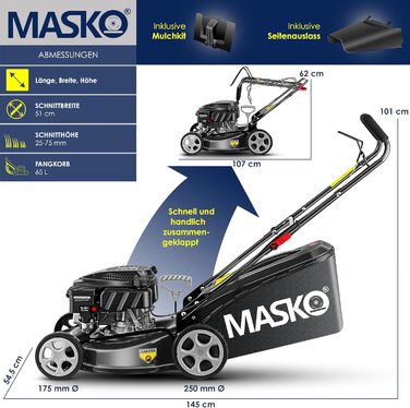 Бензиновий газонокосарка MASKO® 5in1 | Ширина косіння 51 см | 8 положень висоти косіння | 4-тактний OHV двигун 6.0 PS | 65 л травозбірник | Включно з набором для мульчування, бічний викид | Чорний/Сірий