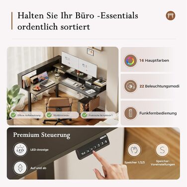 Електричний кутовий стіл Klicelor з регулюванням висоти, L-подібний стіл для стоячи роботи з 3 функціями пам'яті та антиколізійною технологією, ергономічний комп'ютерний стіл, білий (160 x 140 см) з LED-підсвічуванням та штекером