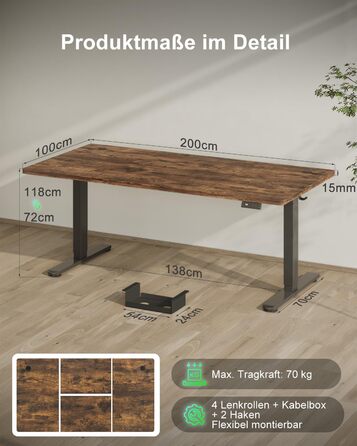 Регульований стіл Devoko 200x80 см з USB-C, електричний, мобільний, з органайзером для кабелів, білий/вінтажний коричневий