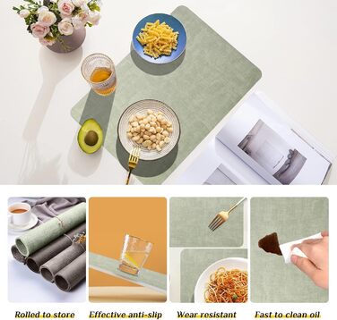 Набори підставки під тарілки Purejoy Platzsets, 6 шт., сірі, миючі, неслизькі, термостійкі, з PU шкіри, 43x30 см (світло-зелені)