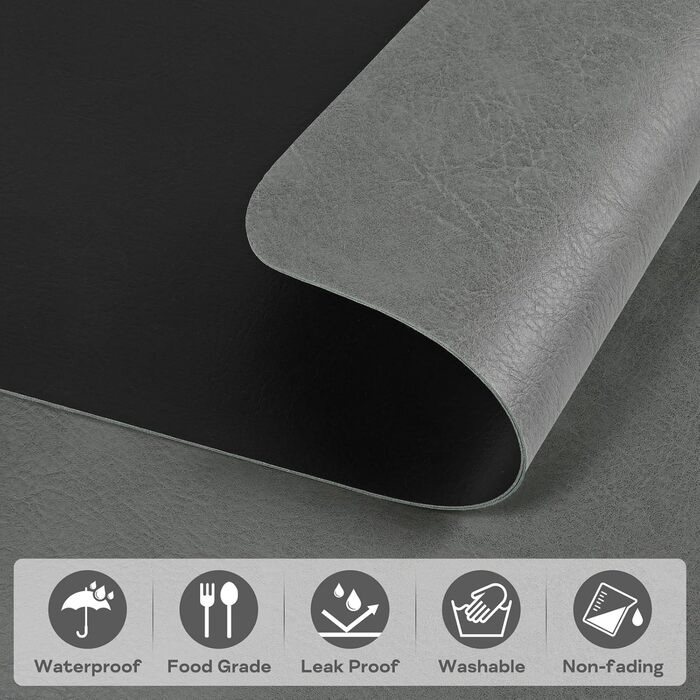 Набір підставок під тарілки 6 шт, неслизькі, миючіся, з штучної шкіри, 40 x 30 см (сірий/чорний)