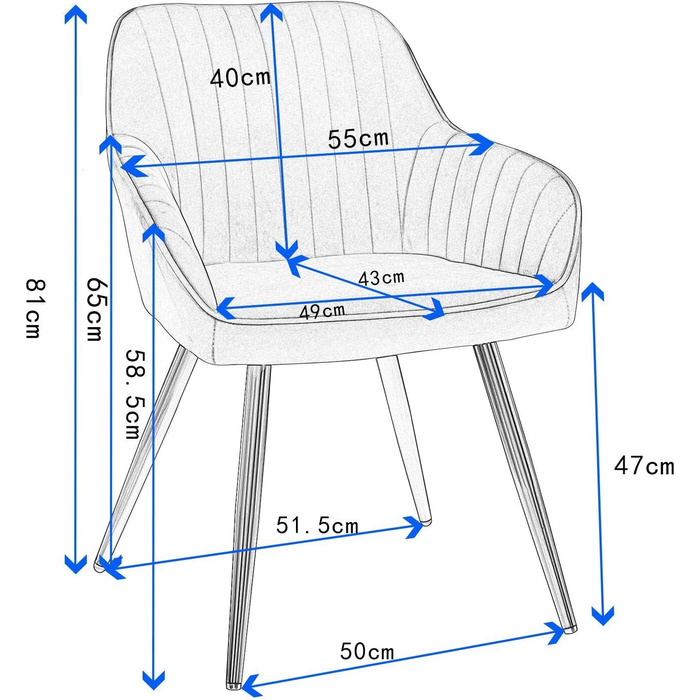 Обідній стілець Lestarain, Кухонний стілець, Стілець для вітальні, М'який стілець з підлокітником, Металеві ніжки, Синій, Оксамит