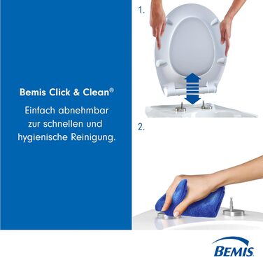 Сидіння для унітазу Bemis Click&Clean Slim Механізм м'якого закривання Очищення з оптимальною гігієною завдяки запатентованій системі знімання Проста установка зверху Антибактеріальне Білий Плоский, тонкий дизайн