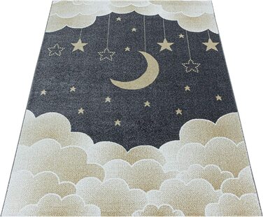 Дитячий килим HomebyHome з коротким ворсом у вигляді зоряного неба, Місяця, хмар, м'який дизайн для дитячої кімнати, Колір рожевий, Розмір (140x200 см, жовтий)