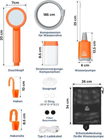 Кемпінговий душ DEERFAMY Відкритий портативний з насосом і спалахом SOS Світлова ефективність 130 лм, велика ємність акумулятора до 90 хв Час роботи Зовнішній акумулятор з живленням від батареї IPX8 водонепроникний для подорожей у саду (помаранчевий)