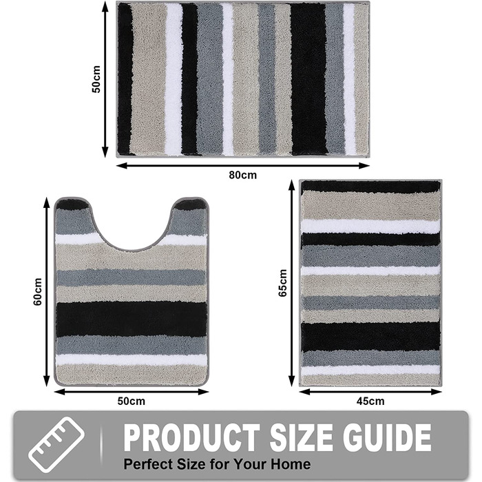 Набір килимків для ванної кімнати Pauwer: 3 шт. з мікрофібри, антиковзаючі, швидковисихаючі, для душу, ванни та туалету (Чорний). Розміри: 50x80 см + 45x65 см + 50x60 см