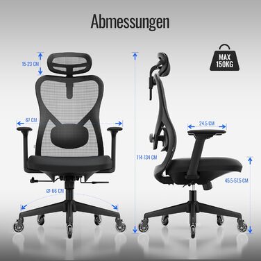 Яаса Крісло Plus: Ергономічне офісне крісло з підголівником, 2D-підтримкою попереку та 4D-підлокітниками. Тест-переможець 2026. Для дому та офісу, універсальні колеса (до 150 кг), чорний колір