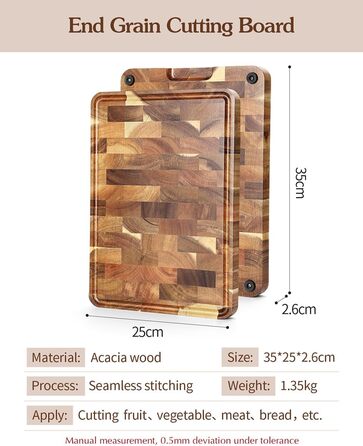 Дерев'яний обробний дошка XINZUO з акації (35x25x2.6 см) - обробна дошка для кухні з антиковзкими ніжками, ручкою та канавкою для соку, практичний аксесуар для кухні