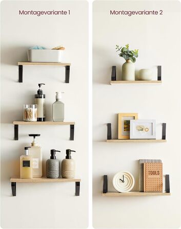 Настінна полиця VASAGLE, комплект з 6 шт., полиці-дошки, 2 способи монтажу, 30/35/40 см, для вітальні, кухні, кабінету, ванної кімнати, вінтажний коричневий + матовий чорний