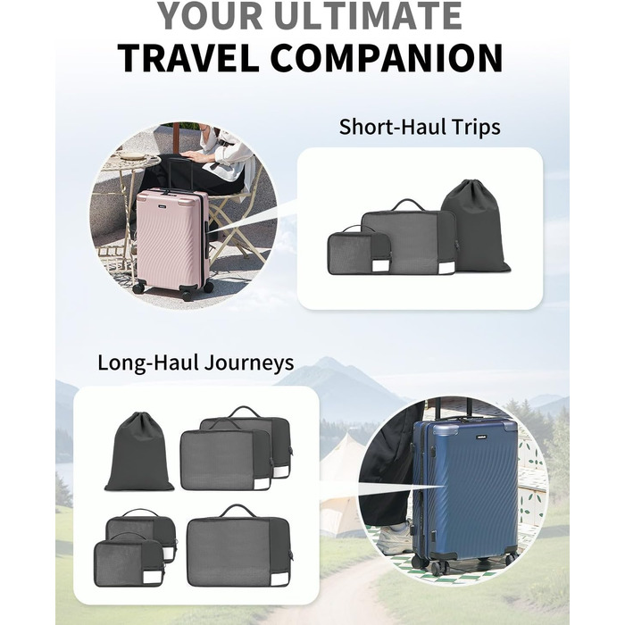 Набір органайзерів для валізи ECOHUB, 6 предметів, дорожні компресійні сумки з ID-тегами з перероблених матеріалів, дихаючі органайзери для подорожей та рюкзака, темно-сірі