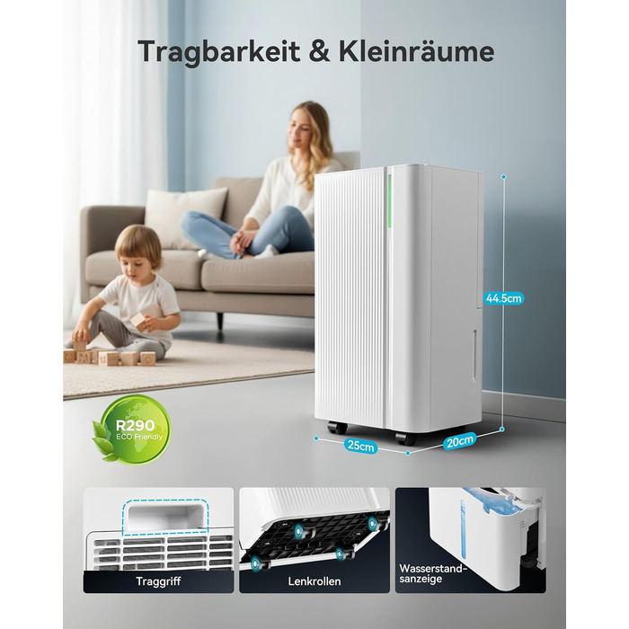 EUHOMY Електричний осушувач повітря для підвалу з відведенням води, тихий та економічний, з автоматичним відтаванням, таймером, для квартири до 50 м² (12 л)