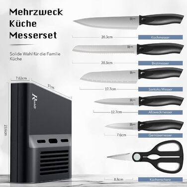 Набір ножів кухарських 7 предметів з бруском, кухонний набір ножів, ножа, ножиці, брусок для нарізки м'яса/овочів/фруктів, для нарізання, кубиків, шинкування (сріблястий)