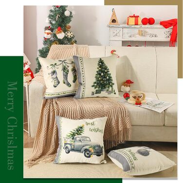 Різдвяний чохол на подушку Viosmut 45x45 см, сірий льон, візерунок ялинкових дзвіночків, для різдвяних прикрас, вітальні та дивану, макс. 50 символів