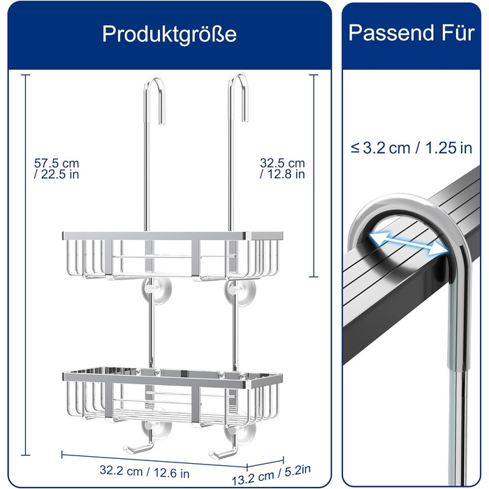 Душова полиця для підвішування, без свердління, нержавіюча сталь, 2 душові кошики, 2 гачки, 32x57см